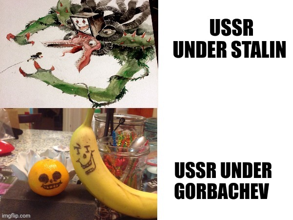 Communism then vs now | USSR UNDER STALIN; USSR UNDER GORBACHEV | image tagged in undertale we expected vs undertale we got | made w/ Imgflip meme maker