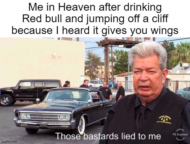 False advertising | Me in Heaven after drinking Red bull and jumping off a cliff because I heard it gives you wings | image tagged in those basterds lied to me,funny | made w/ Imgflip meme maker