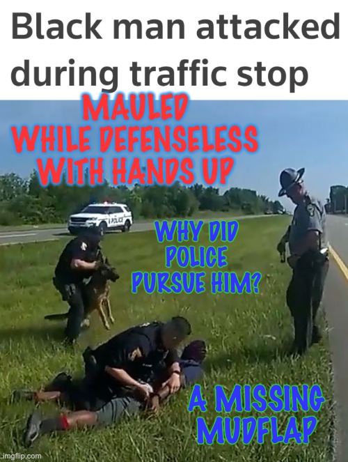 Don't say "Only in Ohio": Driving While Black can happen anywhere in the US | MAULED WHILE DEFENSELESS WITH HANDS UP; WHY DID POLICE PURSUE HIM? A MISSING MUDFLAP | image tagged in black lives matter,police brutality,black,driving,driving while black | made w/ Imgflip meme maker