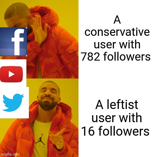 Drake Hotline Bling Meme | A leftist user with 16 followers A conservative user with 782 followers | image tagged in memes,drake hotline bling | made w/ Imgflip meme maker
