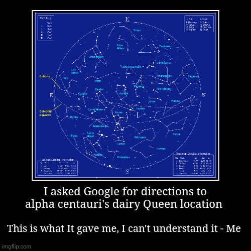 Why would I go to alpha centauri for dairy Queen??? | I asked Google for directions to alpha centauri's dairy Queen location | This is what It gave me, I can't understand it - Me | image tagged in funny,demotivationals | made w/ Imgflip demotivational maker