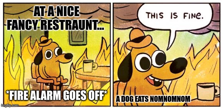 meme | AT A NICE FANCY RESTRAUNT... *FIRE ALARM GOES OFF*; A DOG EATS NOMNOMNOM | image tagged in memes,this is fine | made w/ Imgflip meme maker