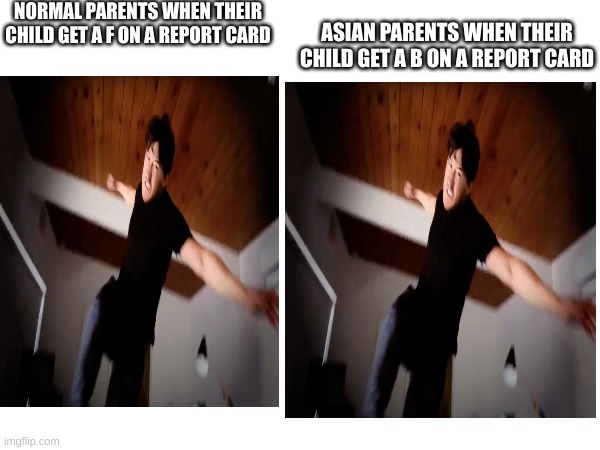 relate to this | NORMAL PARENTS WHEN THEIR CHILD GET A F ON A REPORT CARD; ASIAN PARENTS WHEN THEIR CHILD GET A B ON A REPORT CARD | image tagged in memes,funny,markipiler | made w/ Imgflip meme maker