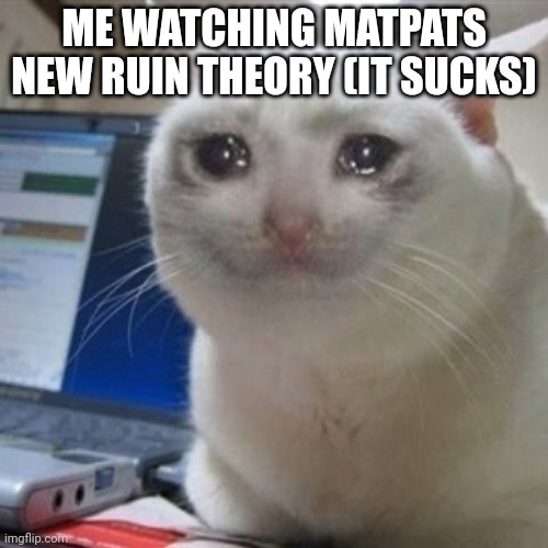 Y e s. | ME WATCHING MATPATS NEW RUIN THEORY (IT SUCKS) | image tagged in crying cat | made w/ Imgflip meme maker
