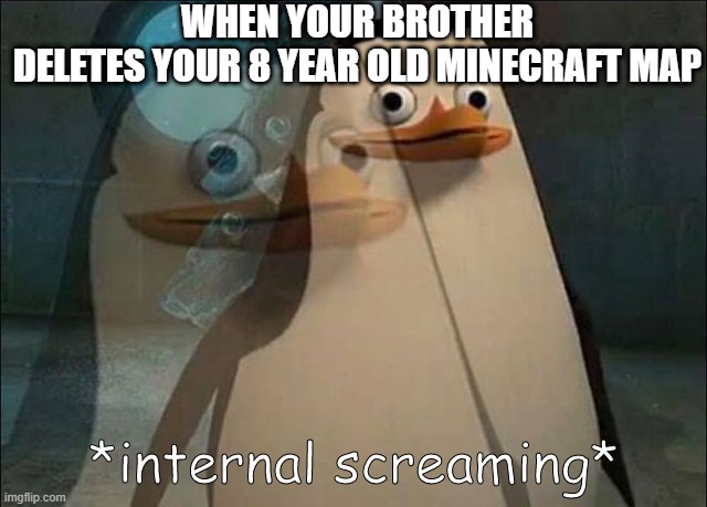 *loads gun* | WHEN YOUR BROTHER DELETES YOUR 8 YEAR OLD MINECRAFT MAP | image tagged in private internal screaming | made w/ Imgflip meme maker