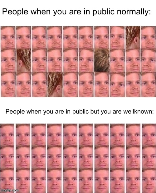 Uh oh | People when you are in public normally:; People when you are in public but you are wellknown: | image tagged in crowd stare | made w/ Imgflip meme maker