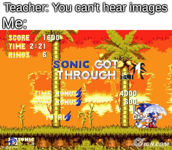 Sonic got through | Me:; Teacher: You can't hear images | image tagged in sonic the hedgehog,sonic | made w/ Imgflip meme maker