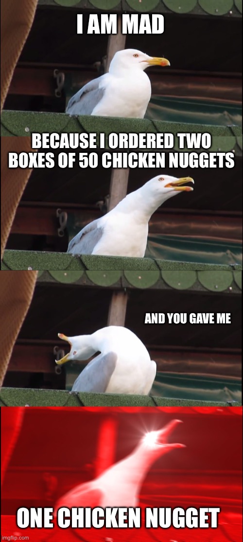 Inhaling Seagull | I AM MAD; BECAUSE I ORDERED TWO BOXES OF 50 CHICKEN NUGGETS; AND YOU GAVE ME; ONE CHICKEN NUGGET | image tagged in memes,inhaling seagull | made w/ Imgflip meme maker
