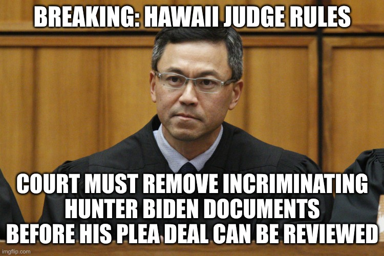 Hawaii Judge | BREAKING: HAWAII JUDGE RULES; COURT MUST REMOVE INCRIMINATING HUNTER BIDEN DOCUMENTS BEFORE HIS PLEA DEAL CAN BE REVIEWED | image tagged in hawaii judge | made w/ Imgflip meme maker