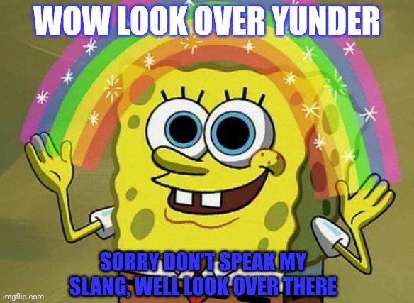 Imagination Spongebob | WOW LOOK OVER YUNDER; SORRY DON'T SPEAK MY SLANG, WELL LOOK OVER THERE | image tagged in memes,imagination spongebob | made w/ Imgflip meme maker