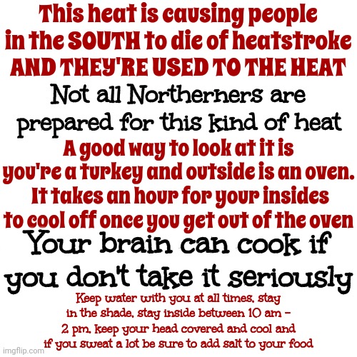Record Heat Can Kill | This heat is causing people in the SOUTH to die of heatstroke
AND THEY'RE USED TO THE HEAT; Not all Northerners are prepared for this kind of heat; A good way to look at it is you're a turkey and outside is an oven.  It takes an hour for your insides to cool off once you get out of the oven; Your brain can cook if you don't take it seriously; Keep water with you at all times, stay in the shade, stay inside between 10 am - 2 pm, keep your head covered and cool and if you sweat a lot be sure to add salt to your food | image tagged in memes,drake hotline bling,heat stroke,record heat,heatwave,be careful | made w/ Imgflip meme maker