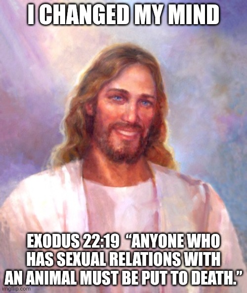 I love you all (except furry) | I CHANGED MY MIND; EXODUS 22:19  “ANYONE WHO HAS SEXUAL RELATIONS WITH AN ANIMAL MUST BE PUT TO DEATH.” | image tagged in memes,smiling jesus | made w/ Imgflip meme maker