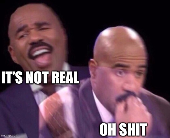 Steve Harvey Laughing Serious | IT’S NOT REAL; OH SHIT | image tagged in steve harvey laughing serious | made w/ Imgflip meme maker