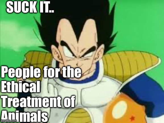 MF Vegeta | SUCK IT.. People for the 
Ethical
Treatment of 
Animals | image tagged in mf vegeta | made w/ Imgflip meme maker