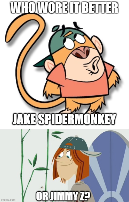 Who Wore It Better Wednesday #168 - Teal baseball caps | WHO WORE IT BETTER; JAKE SPIDERMONKEY; OR JIMMY Z? | image tagged in memes,who wore it better,my gym partner's a monkey,wild kratts,cartoon network,pbs kids | made w/ Imgflip meme maker