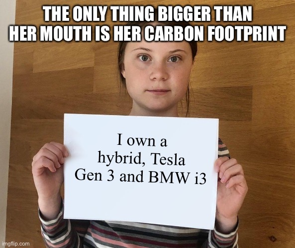 Greta | THE ONLY THING BIGGER THAN HER MOUTH IS HER CARBON FOOTPRINT I own a hybrid, Tesla Gen 3 and BMW i3 | image tagged in greta | made w/ Imgflip meme maker