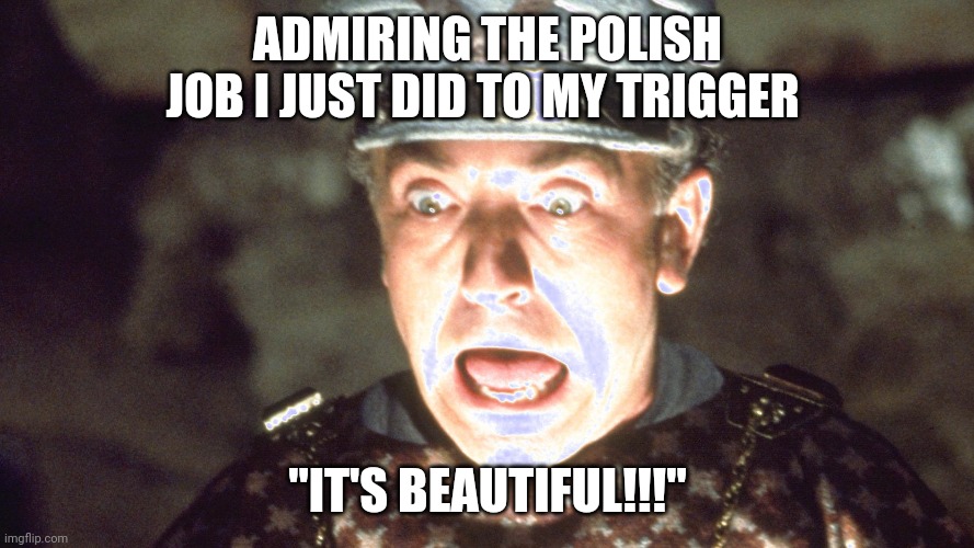 $0.25 Glock trigger | ADMIRING THE POLISH JOB I JUST DID TO MY TRIGGER; "IT'S BEAUTIFUL!!!" | image tagged in glock | made w/ Imgflip meme maker