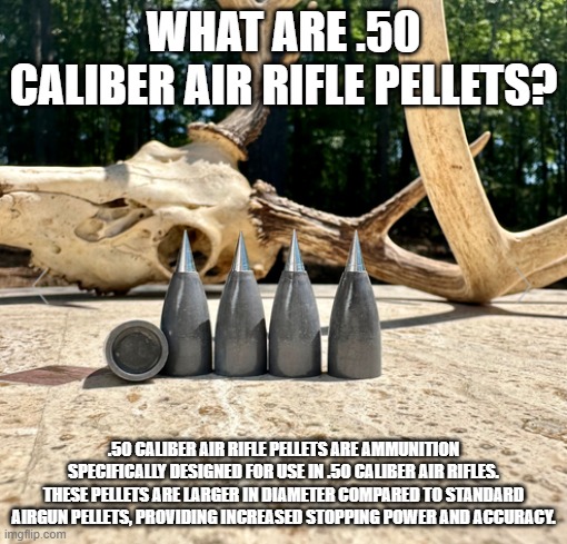 What are .50 caliber air rifle pellets? | WHAT ARE .50 CALIBER AIR RIFLE PELLETS? .50 CALIBER AIR RIFLE PELLETS ARE AMMUNITION SPECIFICALLY DESIGNED FOR USE IN .50 CALIBER AIR RIFLES. THESE PELLETS ARE LARGER IN DIAMETER COMPARED TO STANDARD AIRGUN PELLETS, PROVIDING INCREASED STOPPING POWER AND ACCURACY. | image tagged in airriflepellets,50calairgun,airgunammo | made w/ Imgflip meme maker