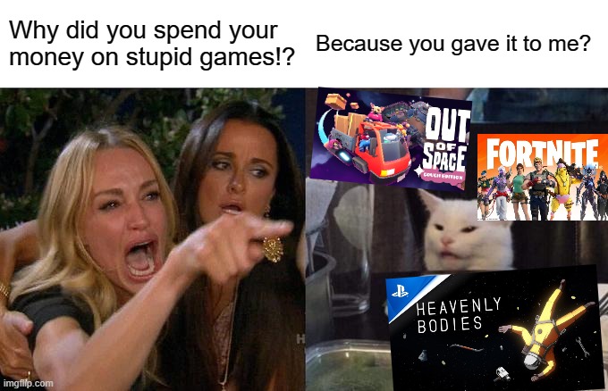 These are all w games btw pls try them someday | Why did you spend your money on stupid games!? Because you gave it to me? | image tagged in memes,woman yelling at cat | made w/ Imgflip meme maker