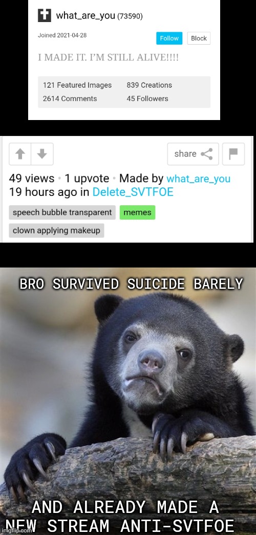 Bruh | BRO SURVIVED SUICIDE BARELY; AND ALREADY MADE A NEW STREAM ANTI-SVTFOE | image tagged in memes,confession bear,oh come on,really | made w/ Imgflip meme maker