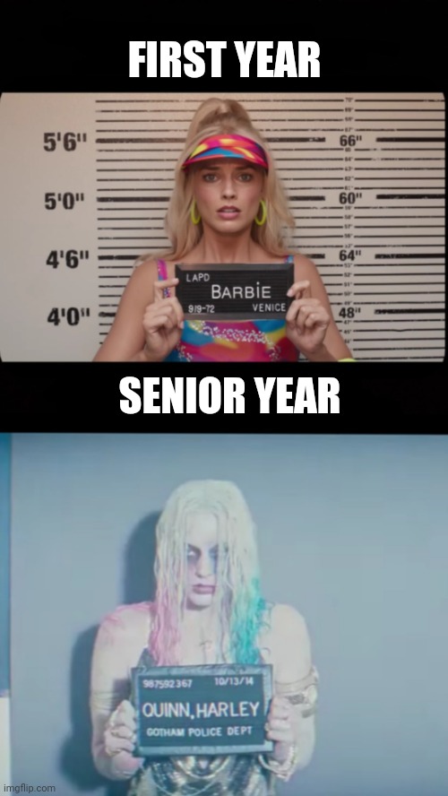 College life | FIRST YEAR; SENIOR YEAR | image tagged in barbie and harley quinn | made w/ Imgflip meme maker