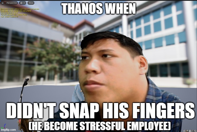 our employee meme | THANOS WHEN; DIDN'T SNAP HIS FINGERS; (HE BECOME STRESSFUL EMPLOYEE) | image tagged in thanos,employees | made w/ Imgflip meme maker