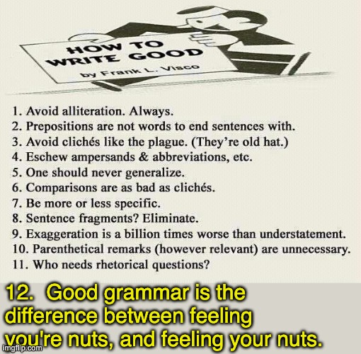 Writing | 12.  Good grammar is the difference between feeling you're nuts, and feeling your nuts. | image tagged in writing | made w/ Imgflip meme maker