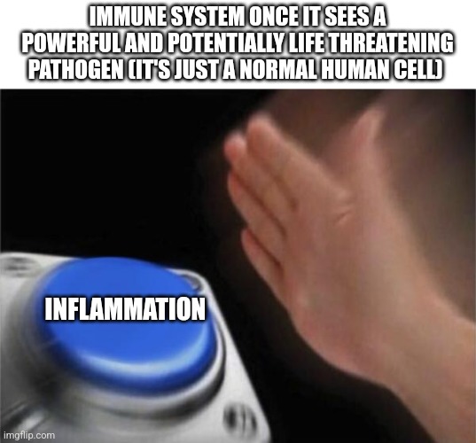 Immune system is into something here | IMMUNE SYSTEM ONCE IT SEES A POWERFUL AND POTENTIALLY LIFE THREATENING PATHOGEN (IT'S JUST A NORMAL HUMAN CELL); INFLAMMATION | image tagged in memes,blank nut button | made w/ Imgflip meme maker