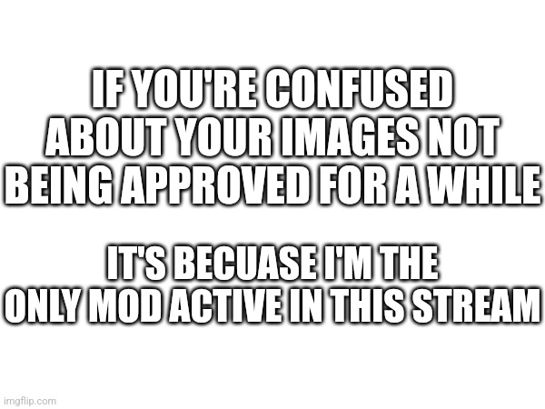 This Is Why | IF YOU'RE CONFUSED ABOUT YOUR IMAGES NOT BEING APPROVED FOR A WHILE; IT'S BECUASE I'M THE ONLY MOD ACTIVE IN THIS STREAM | image tagged in fnaf | made w/ Imgflip meme maker