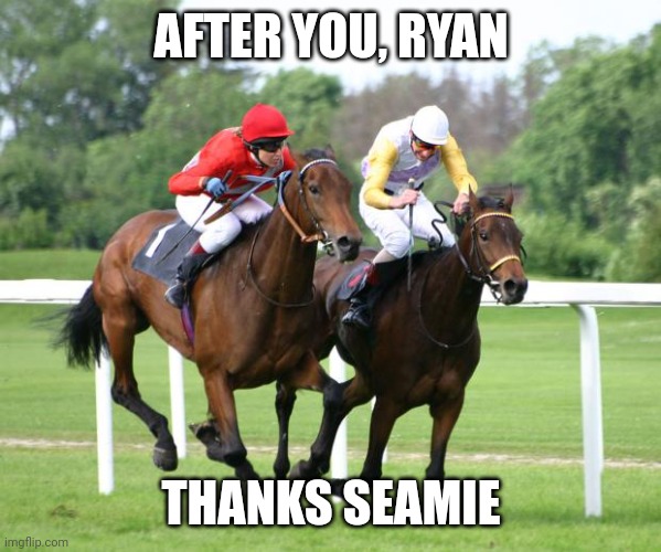 two horses racing | AFTER YOU, RYAN; THANKS SEAMIE | image tagged in two horses racing | made w/ Imgflip meme maker