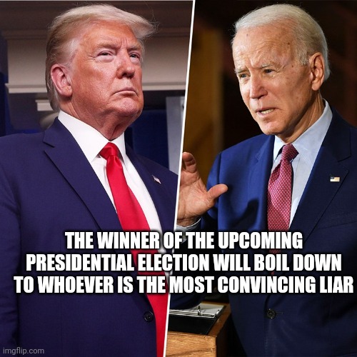 Trump Biden | THE WINNER OF THE UPCOMING PRESIDENTIAL ELECTION WILL BOIL DOWN TO WHOEVER IS THE MOST CONVINCING LIAR | image tagged in trump biden | made w/ Imgflip meme maker