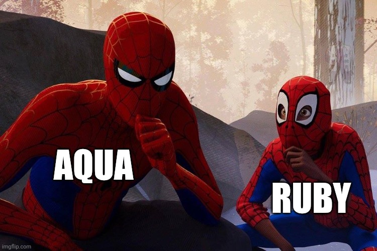 Peter Parker vs Miles Morales | AQUA; RUBY | image tagged in peter parker vs miles morales | made w/ Imgflip meme maker