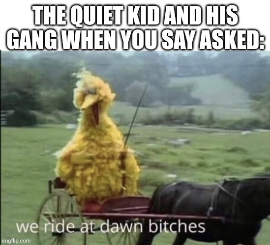 the quiet kid rides at dawn | THE QUIET KID AND HIS GANG WHEN YOU SAY ASKED: | image tagged in we ride at dawn bitches | made w/ Imgflip meme maker