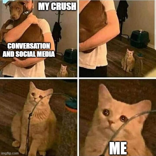 When your crush doesn't want to talk to you | MY CRUSH; CONVERSATION AND SOCIAL MEDIA; ME | image tagged in sad cat holding dog,crush,social media,dating,relationships,cats | made w/ Imgflip meme maker