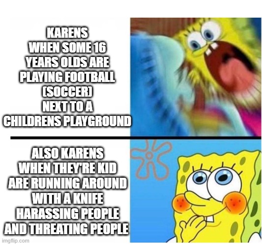 karens | KARENS WHEN SOME 16 YEARS OLDS ARE PLAYING FOOTBALL (SOCCER) NEXT TO A CHILDRENS PLAYGROUND; ALSO KARENS WHEN THEY'RE KID ARE RUNNING AROUND WITH A KNIFE HARASSING PEOPLE AND THREATING PEOPLE | image tagged in spongebob angry cute,karens | made w/ Imgflip meme maker
