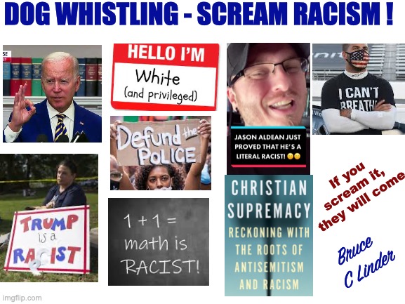 Dog Whistling | DOG WHISTLING - SCREAM RACISM ! If you scream it, 
they will come. Bruce 
C Linder | image tagged in white privilege,jason aldean,math is racist,defund the police,christianity is racist,i can't breathe | made w/ Imgflip meme maker