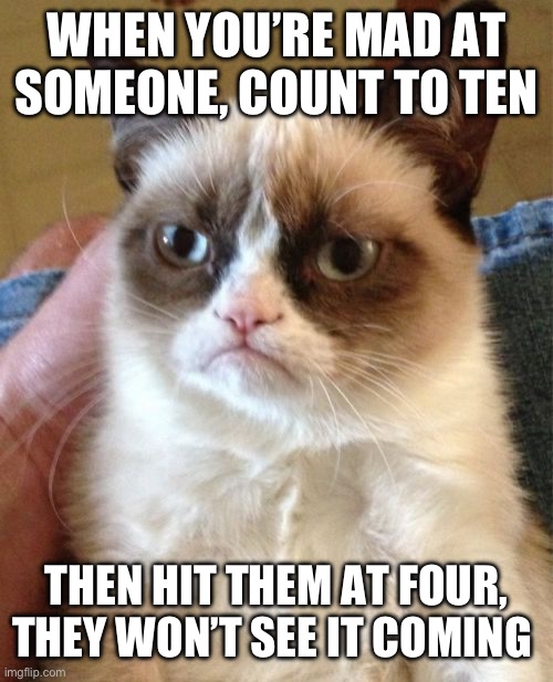 The cat of wisdom has an idea | WHEN YOU’RE MAD AT SOMEONE, COUNT TO TEN; THEN HIT THEM AT FOUR, THEY WON’T SEE IT COMING | image tagged in memes,grumpy cat,words of wisdom,funny,cats,fighting | made w/ Imgflip meme maker