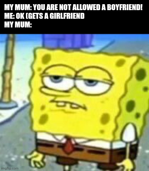 FLIP! IT'S MISSING A BRACKET! | MY MUM: YOU ARE NOT ALLOWED A BOYFRIEND!
ME: OK (GETS A GIRLFRIEND
MY MUM: | image tagged in spongebob bruh | made w/ Imgflip meme maker