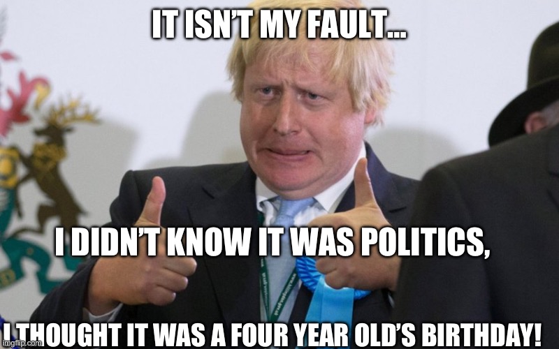 boris johnson | IT ISN’T MY FAULT…; I DIDN’T KNOW IT WAS POLITICS, I THOUGHT IT WAS A FOUR YEAR OLD’S BIRTHDAY! | image tagged in boris johnson | made w/ Imgflip meme maker