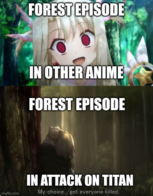 FOREST EPISODE; IN OTHER ANIME; FOREST EPISODE; IN ATTACK ON TITAN | image tagged in aot,snk,shingeki no kyojin | made w/ Imgflip meme maker