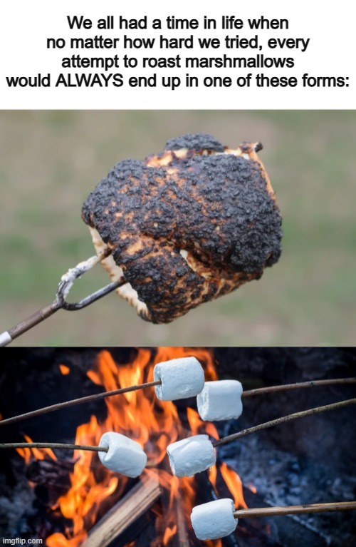 I can roast them perfectly fine now tho ;) | We all had a time in life when no matter how hard we tried, every attempt to roast marshmallows would ALWAYS end up in one of these forms: | image tagged in mugatu so hot right now,stone cold steve austin | made w/ Imgflip meme maker