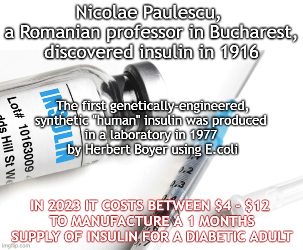 insulin facts | Nicolae Paulescu, 
a Romanian professor in Bucharest, discovered insulin in 1916; The first genetically-engineered, synthetic "human" insulin was produced 
in a laboratory in 1977 
by Herbert Boyer using E.coli; IN 2023 IT COSTS BETWEEN $4 - $12 
TO MANUFACTURE A 1 MONTHS SUPPLY OF INSULIN FOR A DIABETIC ADULT | image tagged in medical,diabetes,facts,medicine,healthcare,science | made w/ Imgflip meme maker