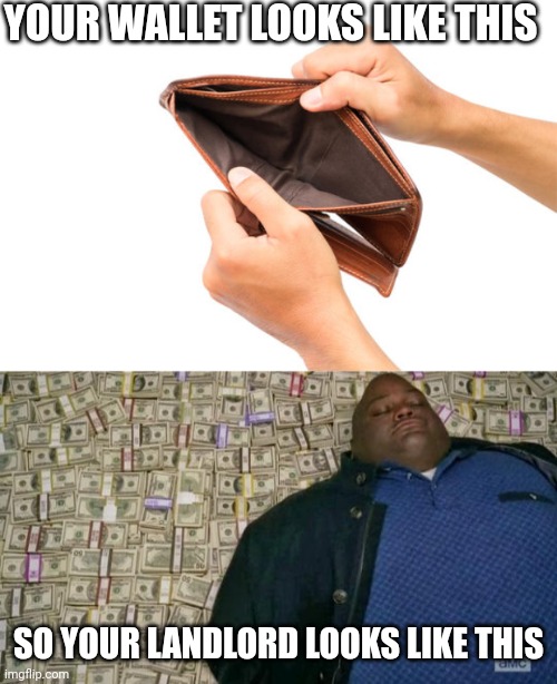 Empty wallet, happy landlord | YOUR WALLET LOOKS LIKE THIS; SO YOUR LANDLORD LOOKS LIKE THIS | image tagged in huell money,landlords,greed,poverty | made w/ Imgflip meme maker