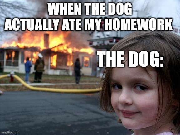 Disaster Girl | WHEN THE DOG ACTUALLY ATE MY HOMEWORK; THE DOG: | image tagged in memes,disaster girl | made w/ Imgflip meme maker
