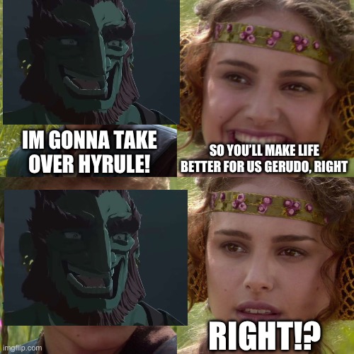 *gibdos intensify* | IM GONNA TAKE OVER HYRULE! SO YOU’LL MAKE LIFE BETTER FOR US GERUDO, RIGHT; RIGHT!? | image tagged in anakin padme 4 panel | made w/ Imgflip meme maker