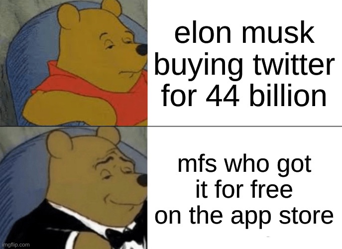 elon wasted his money | elon musk buying twitter for 44 billion; mfs who got it for free on the app store | image tagged in memes,tuxedo winnie the pooh | made w/ Imgflip meme maker