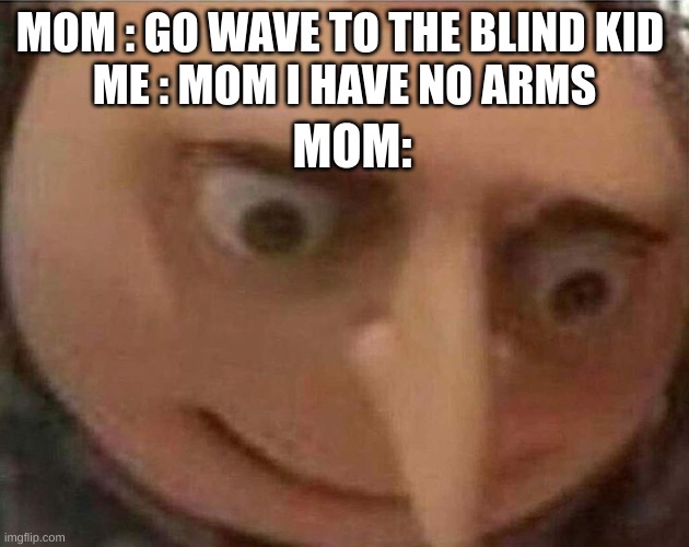 thats really dark | MOM : GO WAVE TO THE BLIND KID 
ME : MOM I HAVE NO ARMS; MOM: | image tagged in gru meme | made w/ Imgflip meme maker