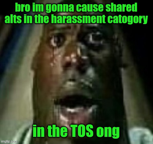 terror | bro im gonna cause shared alts in the harassment catogory; in the TOS ong | image tagged in terror | made w/ Imgflip meme maker