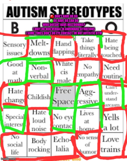 IM NOT AUTISTIC IM JUST DOING THIS BC MOST OF THEM ARE TRUE | 🔴 DON'T HAVE OR DO
🟢DO HAVE OR CAN DO
WHO DOESNT HAVE MELTDOWNS?
I ONLY DO NON VERBAL IN AWKWARD SITUATIONS
I SOME TIMES DON'T DO EYE CONTACT. IM NOT AUTISTIC BTW | image tagged in autism stereotypes bingo,not autistic | made w/ Imgflip meme maker
