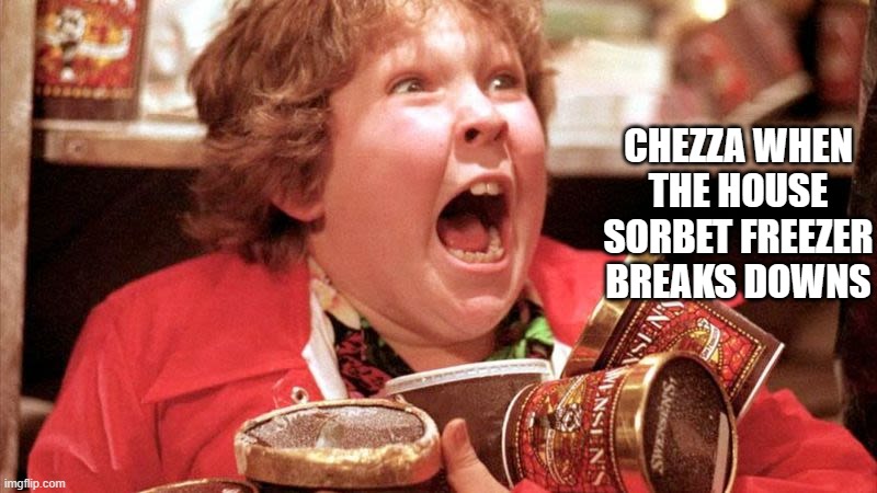 Chunk Goonies Ice Cream | CHEZZA WHEN THE HOUSE SORBET FREEZER BREAKS DOWNS | image tagged in chunk goonies ice cream | made w/ Imgflip meme maker